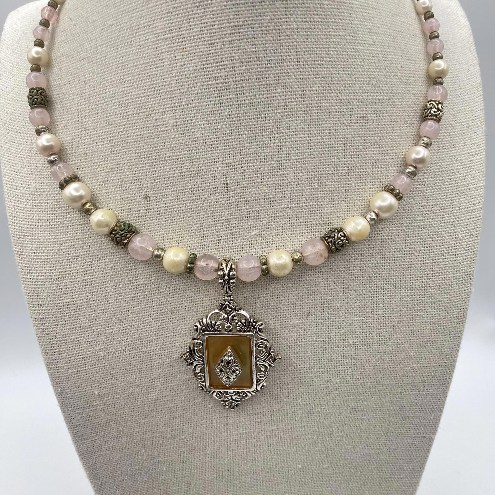 Vintage Choker Statement Necklace Pink And Pearl Beads Silver Tone